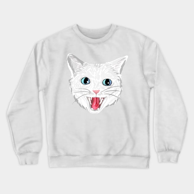 White cat hissing (blue eyes) Crewneck Sweatshirt by michelleachan